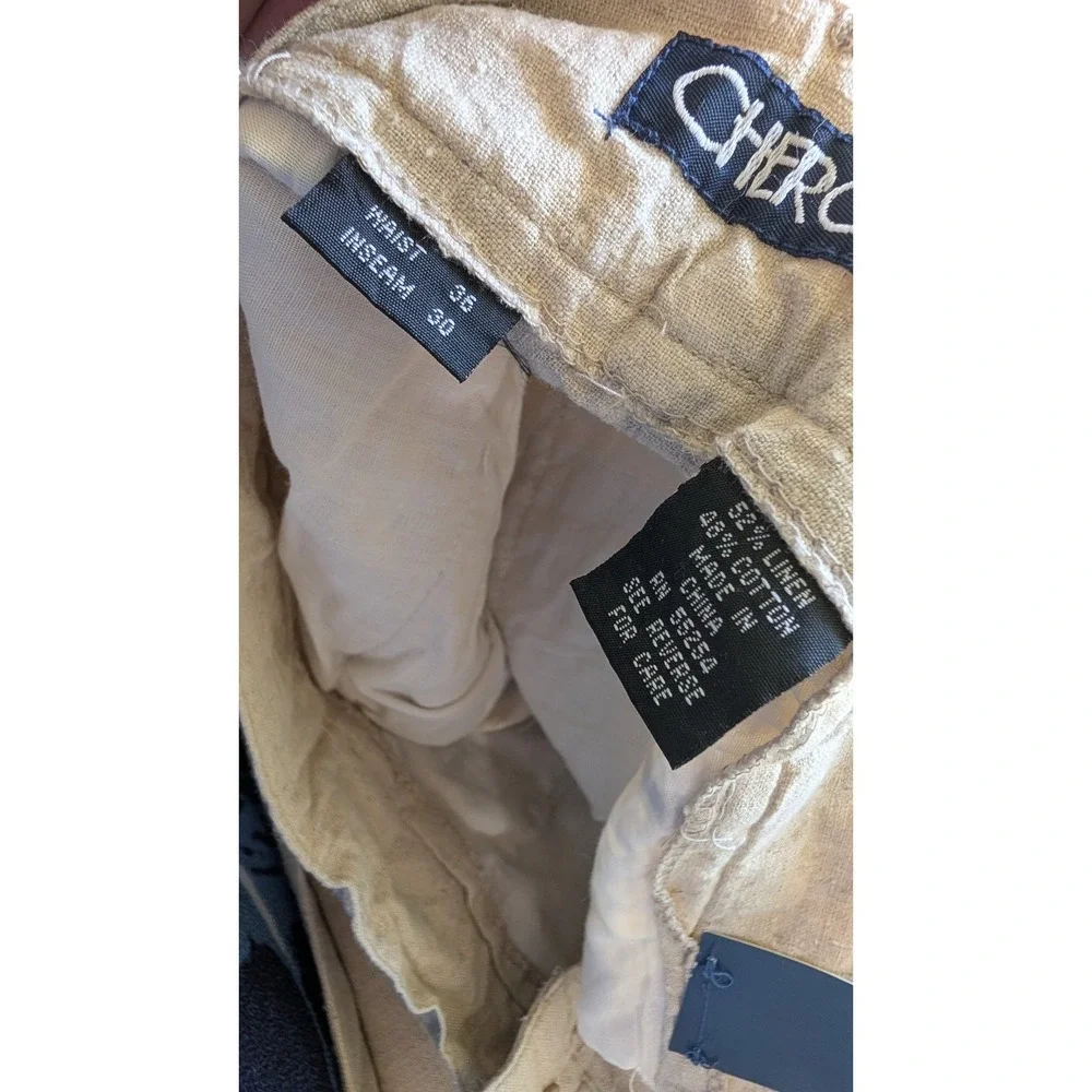 Vintage Cherokee Mens Beige Linen Cotton Pleated Trousers Pants 36x30 NWT